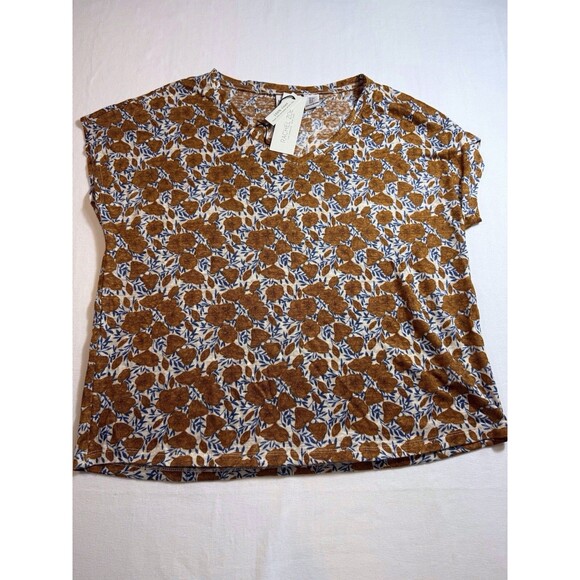 NWT Rachel Zoe Size Small Womens Orange Floral Linen Top Short Sleeve Shirt Boho - Picture 9 of 11